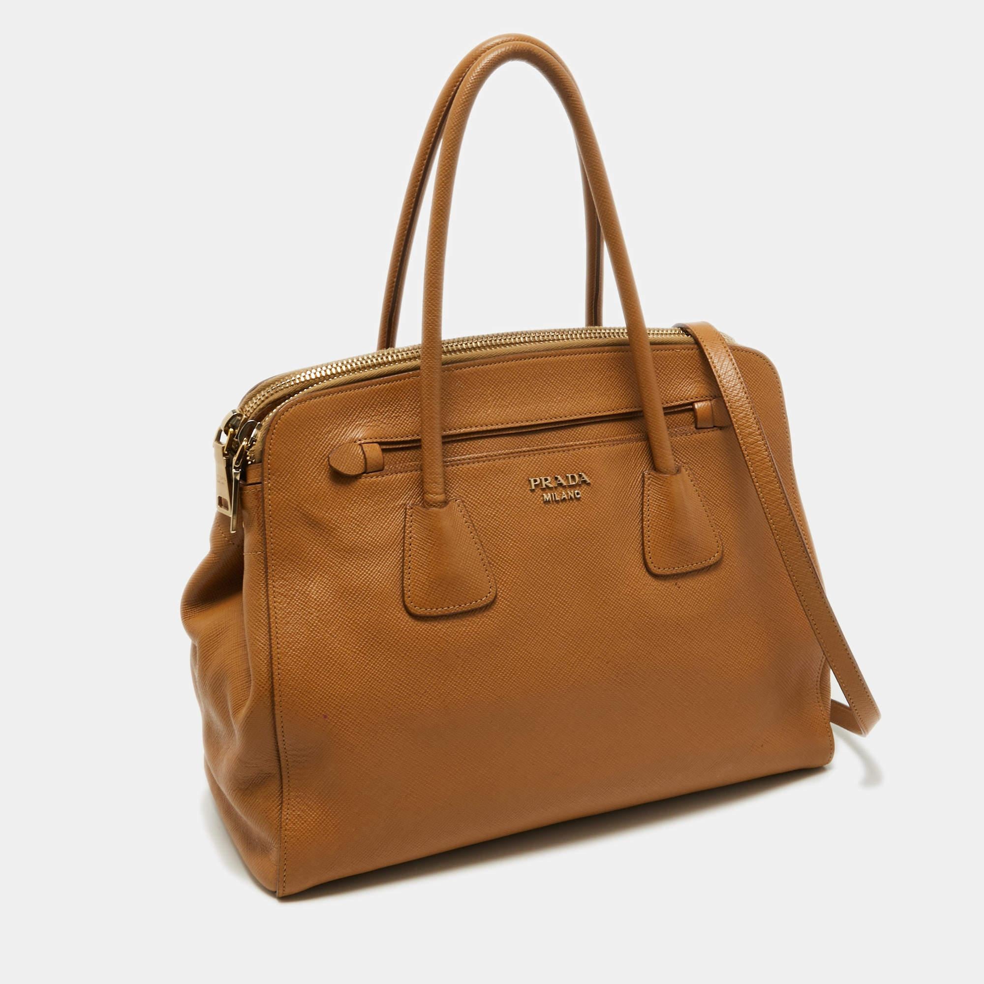 Prada Brown Leather Double Zip Top Handle Bag For Sale at 1stDibs