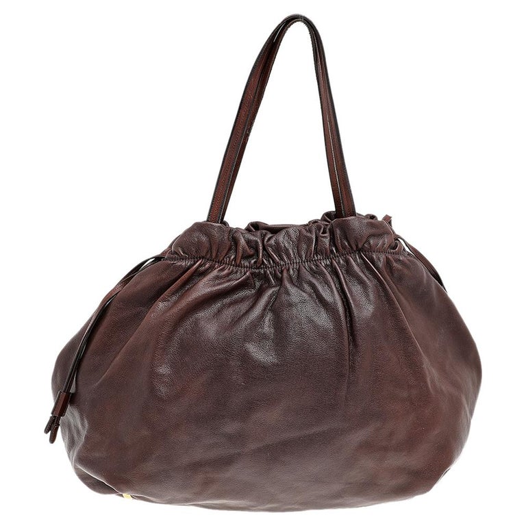 Prada Brown Leather Drawstring Shopper Tote For Sale at 1stDibs