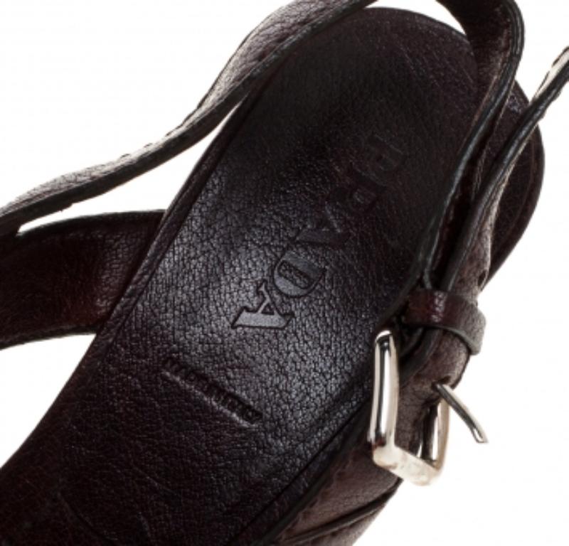 Black Prada Brown Leather Embellished Cross Strap Slingback Sandals Size 38 For Sale