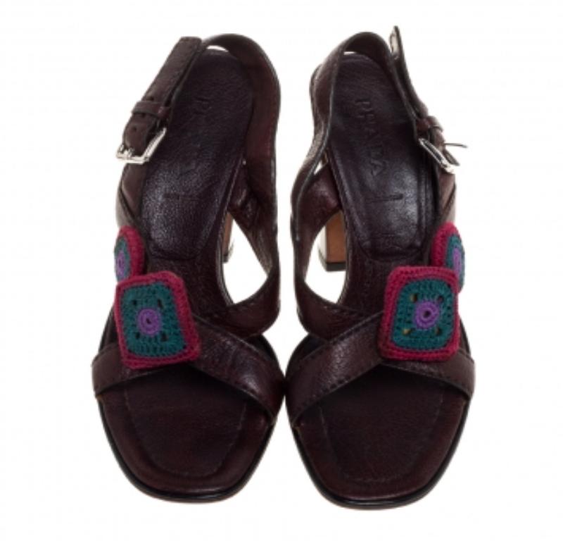 Prada Brown Leather Embellished Cross Strap Slingback Sandals Size 38 In Fair Condition For Sale In Dubai, Al Qouz 2