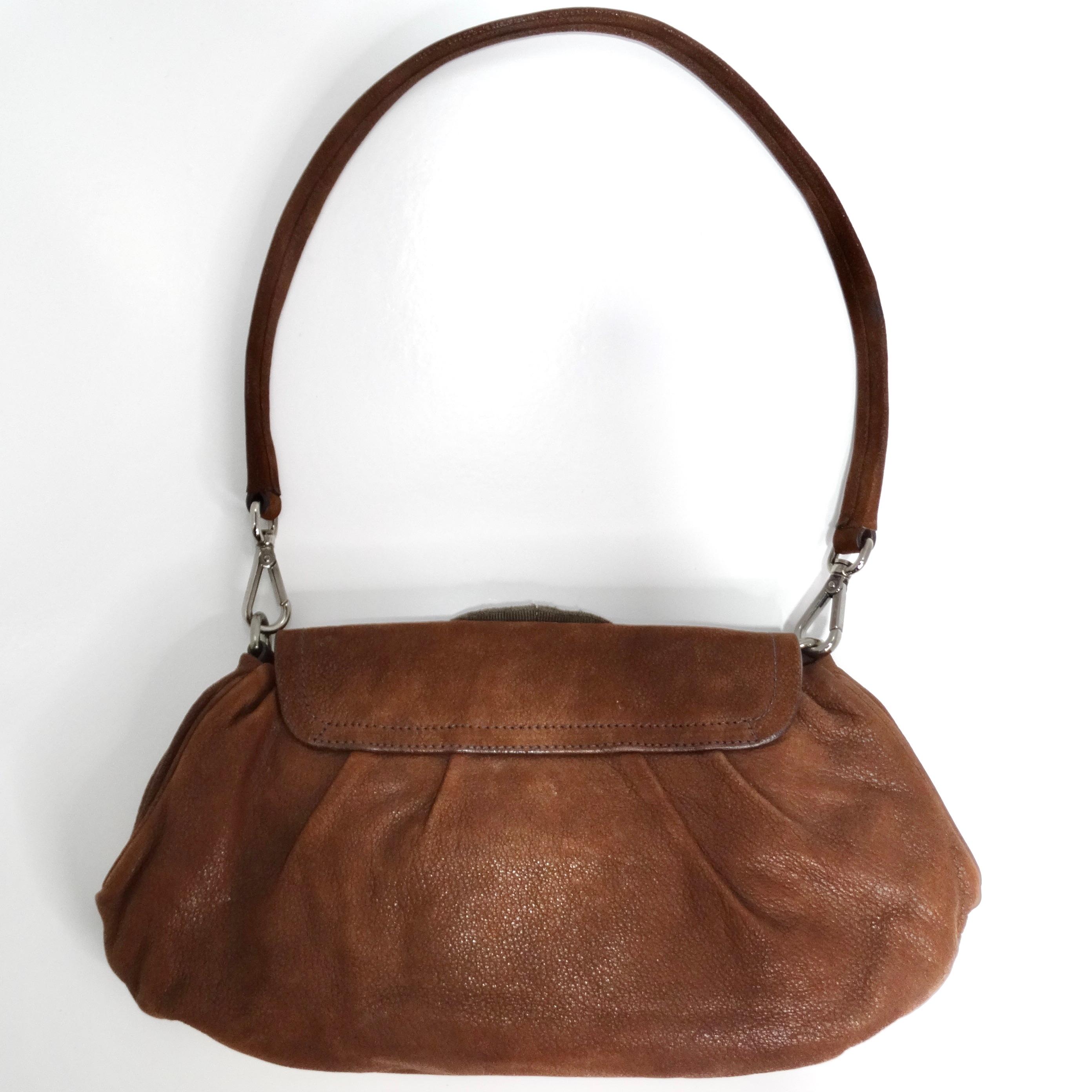 Prada Brown Leather Embellished Skipper Shoulder Bag For Sale 1