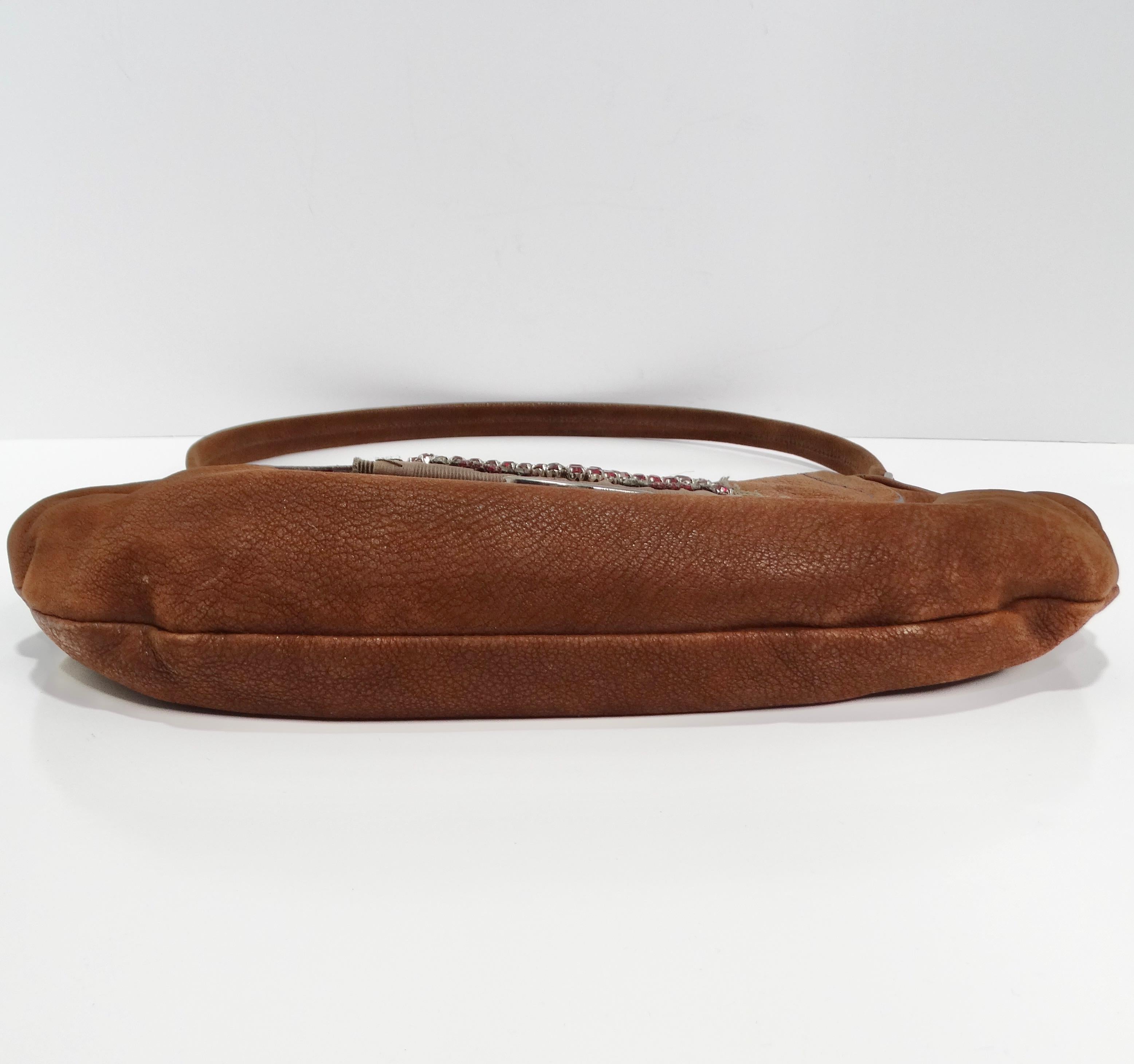 Prada Brown Leather Embellished Skipper Shoulder Bag For Sale 4