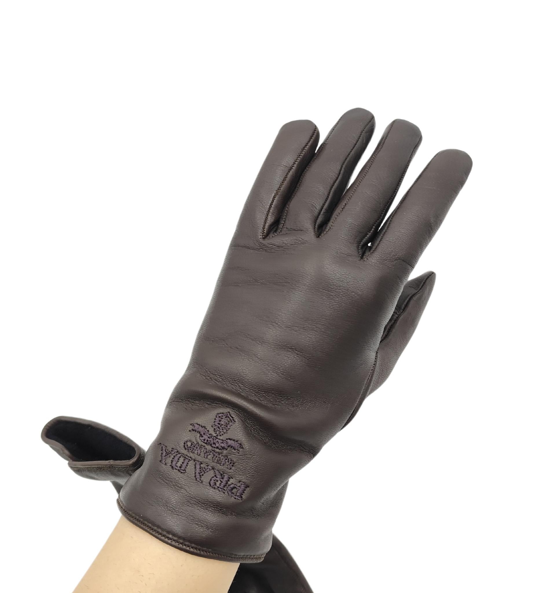 Gray Prada brown leather embroidered logo gloves For Sale