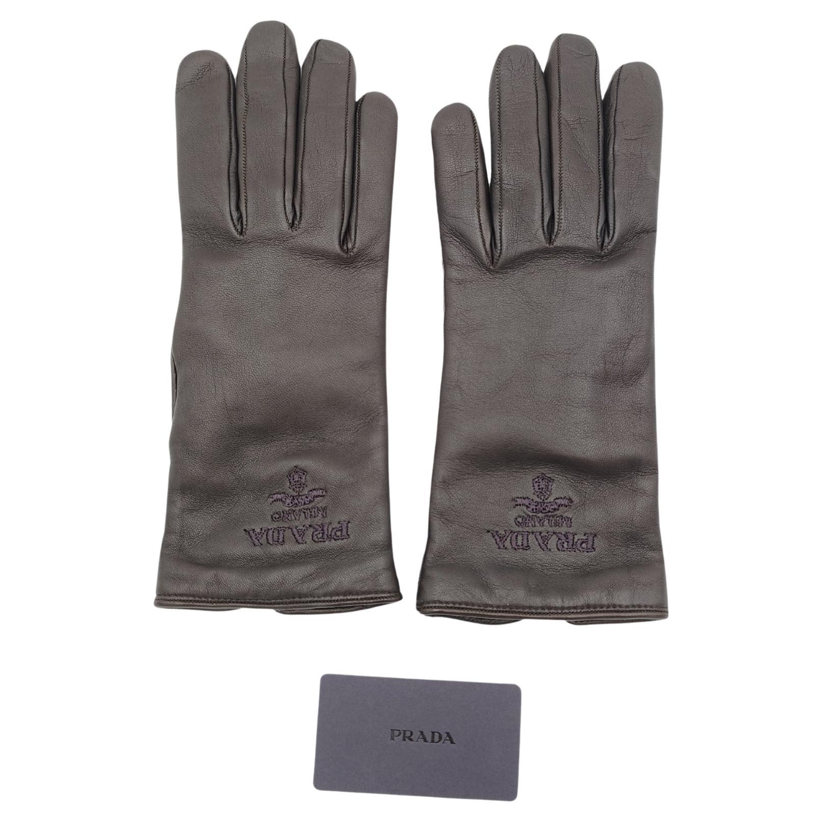 Gants en cuir brown avec logo brodé Prada