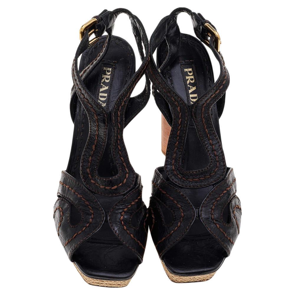 Black Prada Brown Leather Espadrille Platform Wooden Heel Ankle Sandals Size 40 For Sale