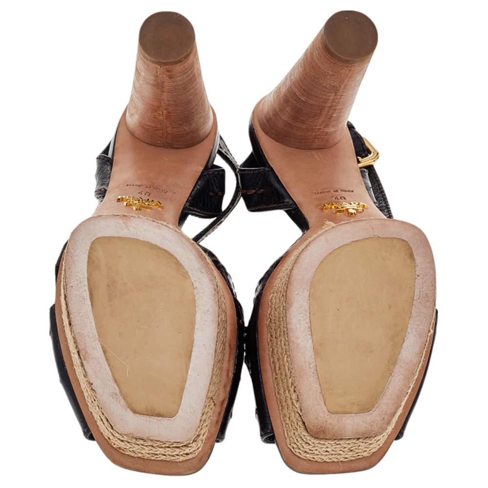 Prada Brown Leather Espadrille Platform Wooden Heel Ankle Sandals Size 40 For Sale 2