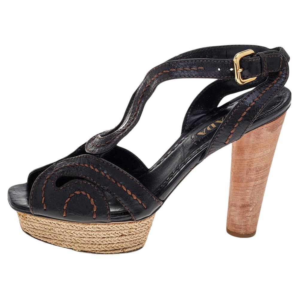 Prada Brown Leather Espadrille Platform Wooden Heel Ankle Sandals Size 40 For Sale