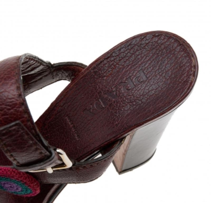 Women's Prada Brown Leather Floral Embroidered Patches Ankle Strap Sandals Size 40 For Sale