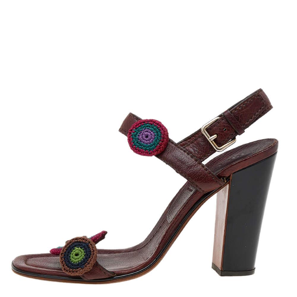 Prada Brown Leather Floral Embroidered Patches Ankle Strap Sandals Size 40 For Sale 2
