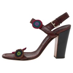 Prada Brown Leather Floral Embroidered Patches Ankle Strap Sandals Size 40