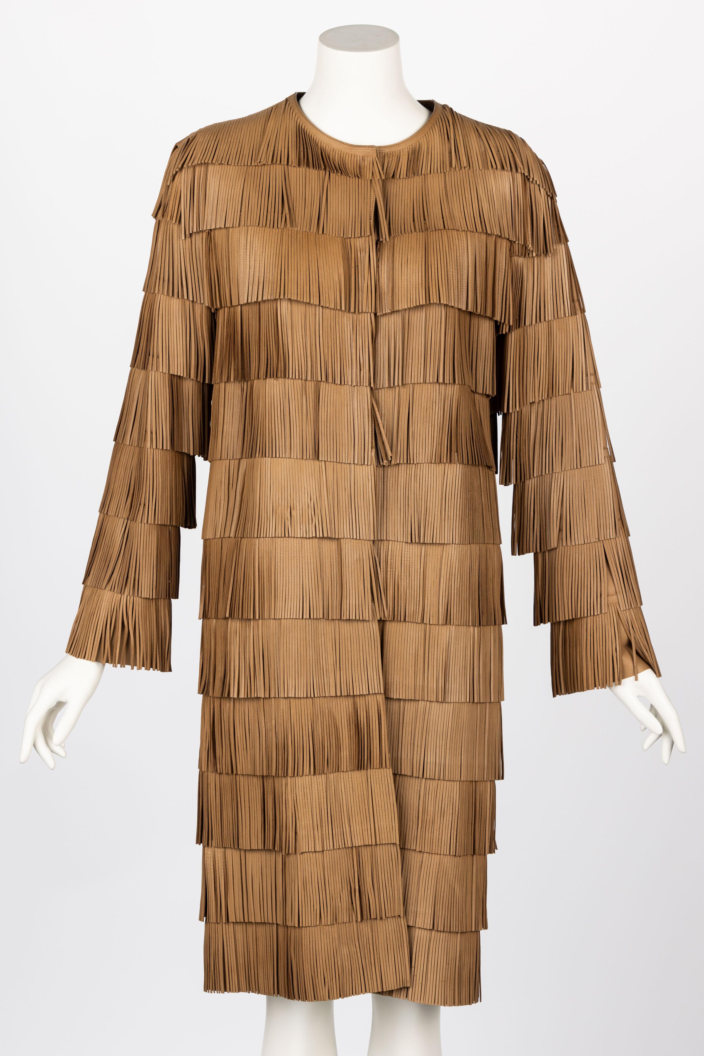 Prada Brown Leather Fringe Coat Runway Look #15 Spring 2007  In Excellent Condition For Sale In Boca Raton, FL