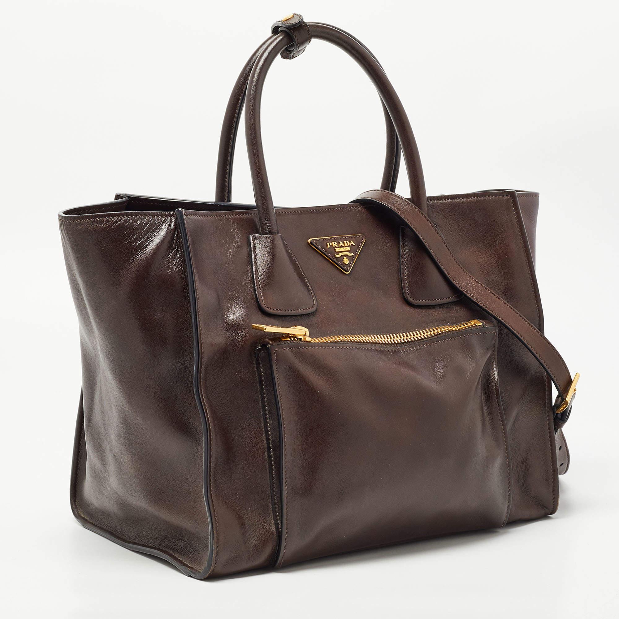 Women's Prada Brown Leather Front Pocket Convertible Tote