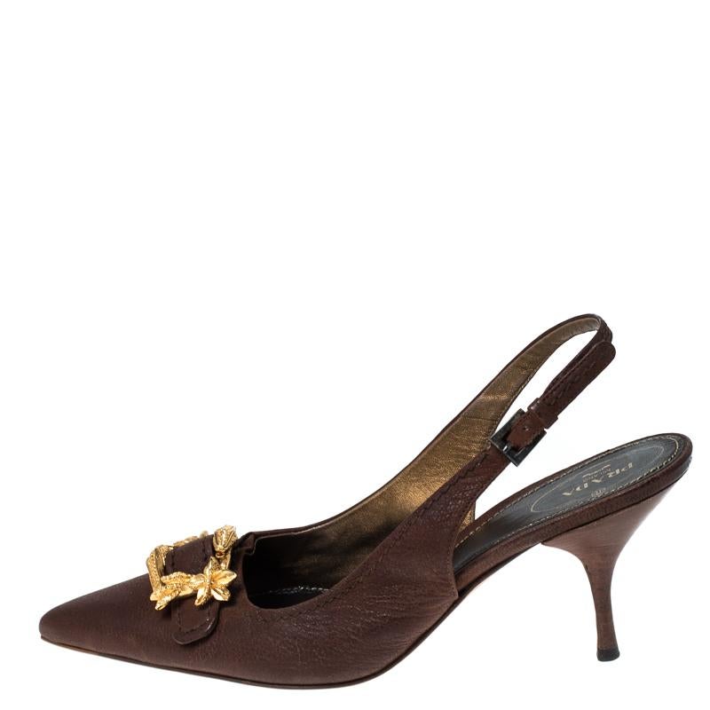Keep yourself stylish this season with this pair of lovely leather pumps. Prada is an ideal pick when it comes to choosing the correct footwear for yourself. Make a stunning style statement while flaunting this pair of impressive brown pumps,
