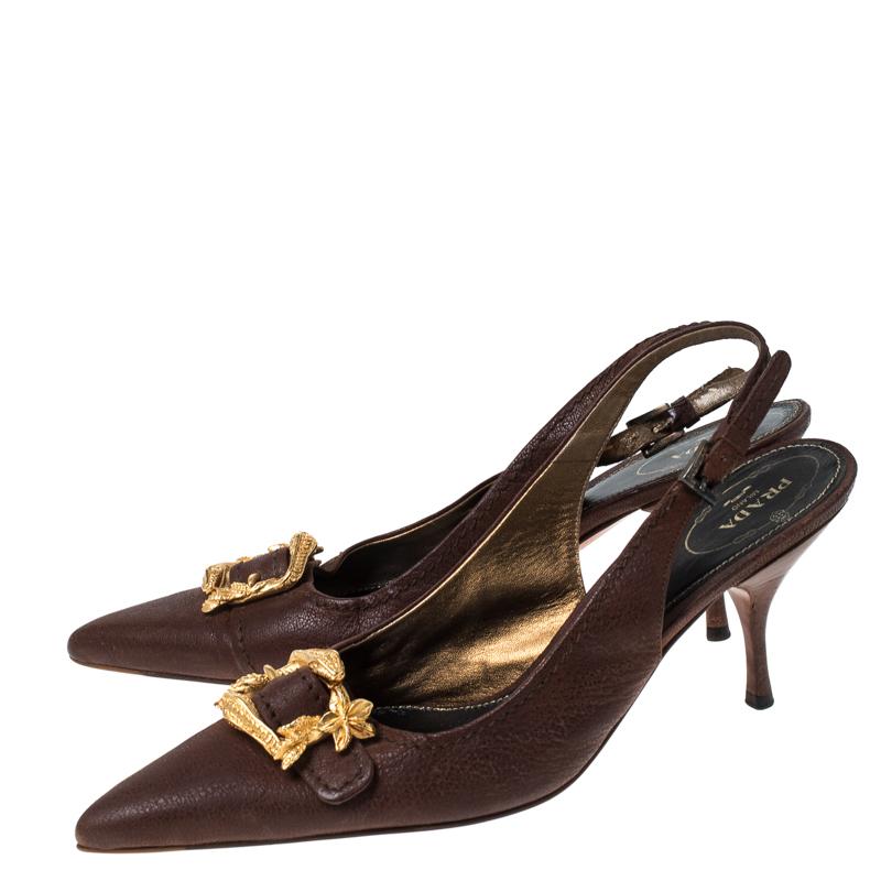 Women's Prada Brown Leather Gold Buckle Slingback Pointed Toe Pumps Size 39