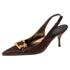 Prada Brown Leather Gold Buckle Slingback Pointed Toe Pumps Size 39