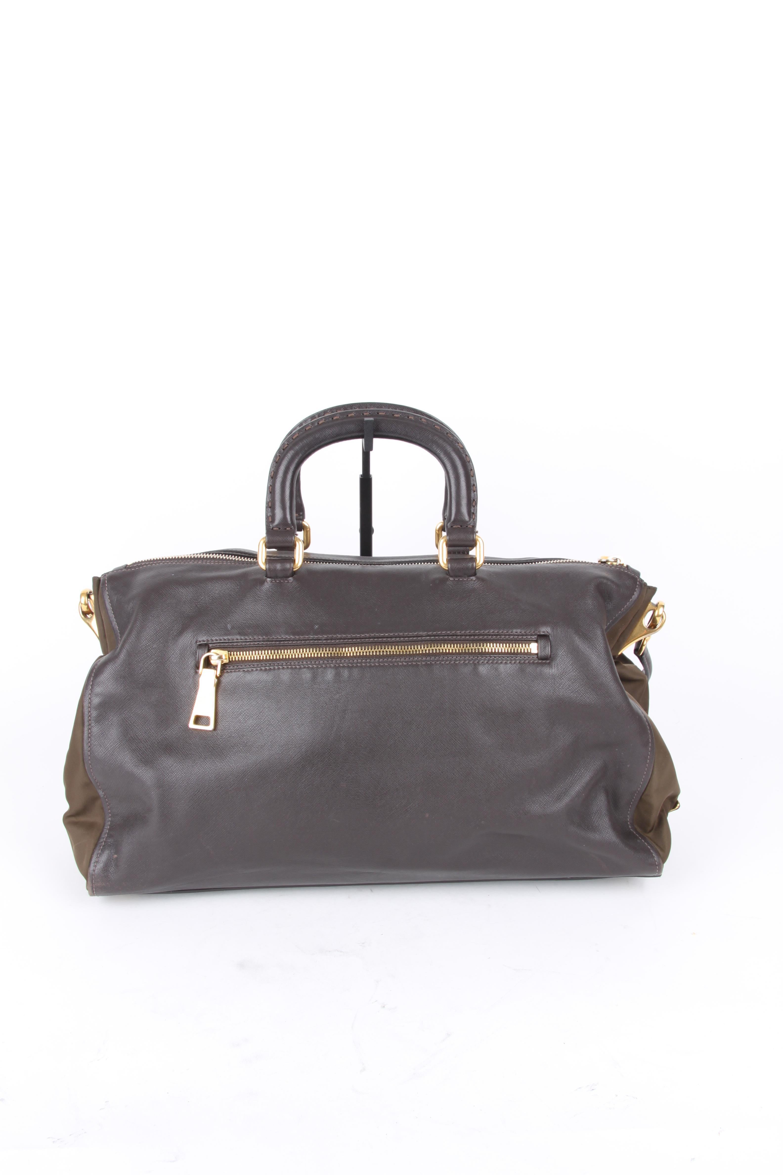 Prada Brown Leather Green Canvas Handbag In Good Condition For Sale In Baarn, NL