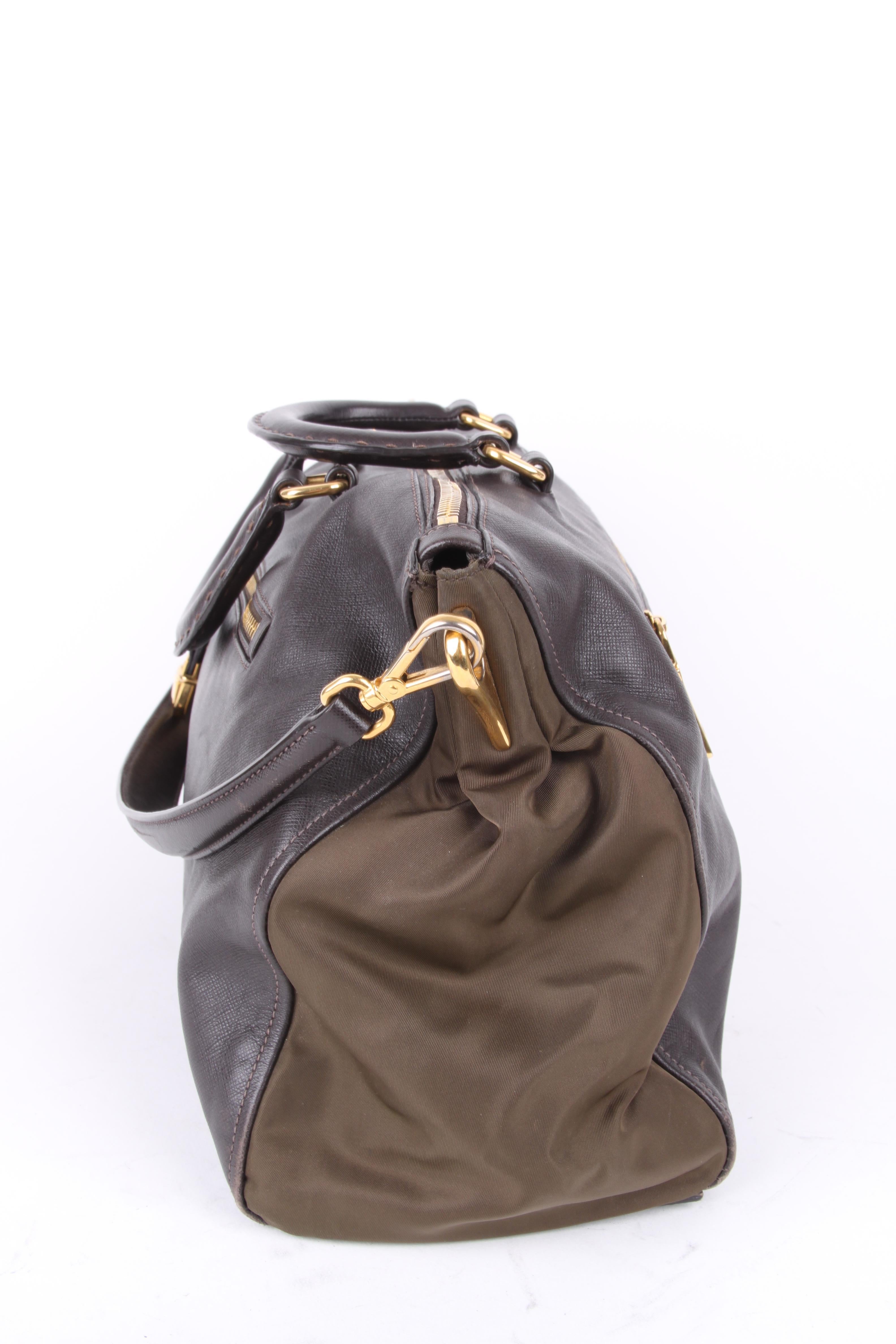 Women's or Men's Prada Brown Leather Green Canvas Handbag For Sale