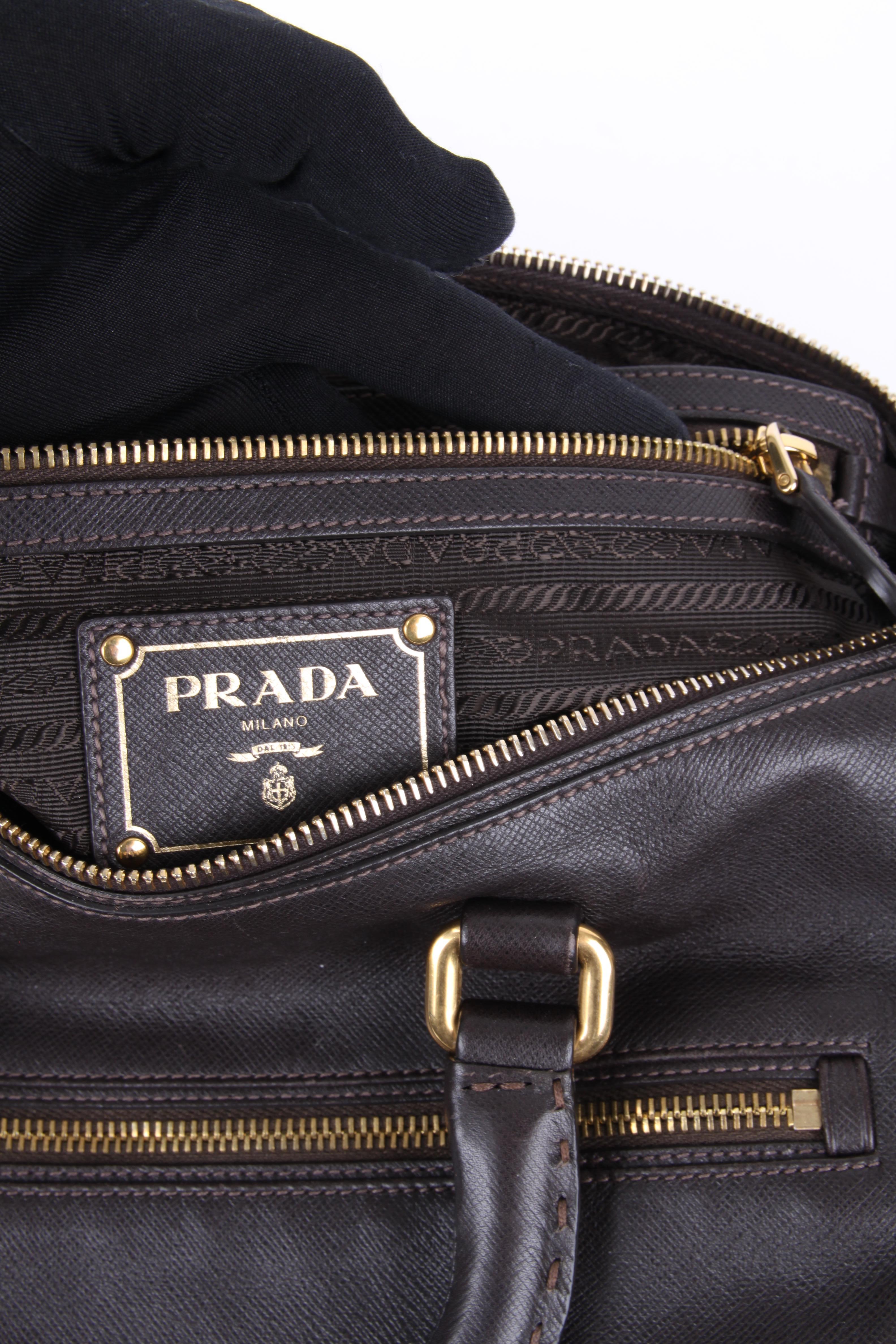 Prada Brown Leather Green Canvas Handbag For Sale 2