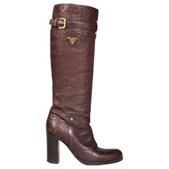 Prada Brown Leather Heeled Boots Size IT 37.5