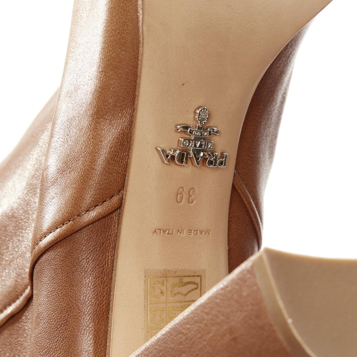 PRADA brown leather high low top almond toe block heel tall boots EU38 For Sale 6
