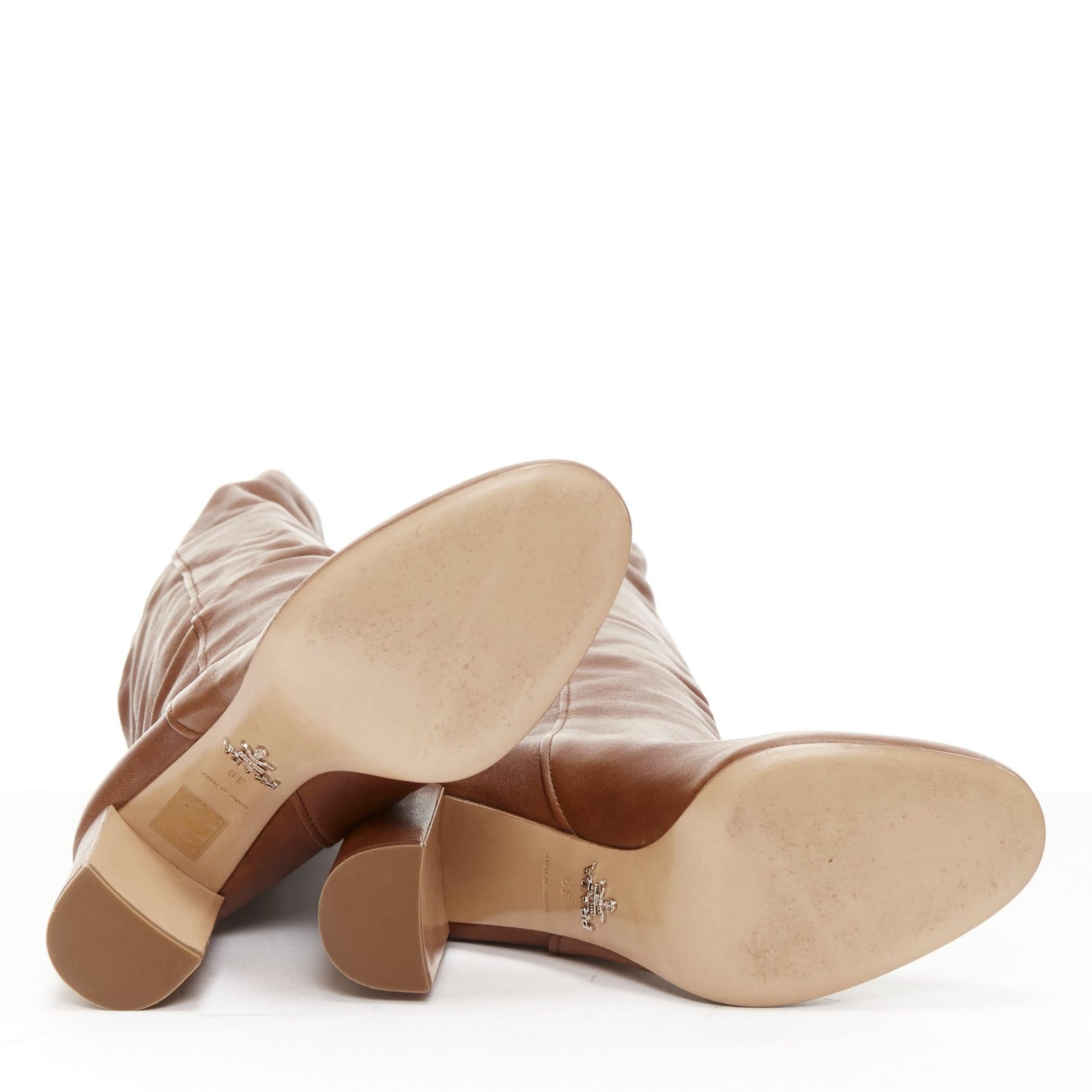 PRADA brown leather high low top almond toe block heel tall boots EU38 For Sale 7