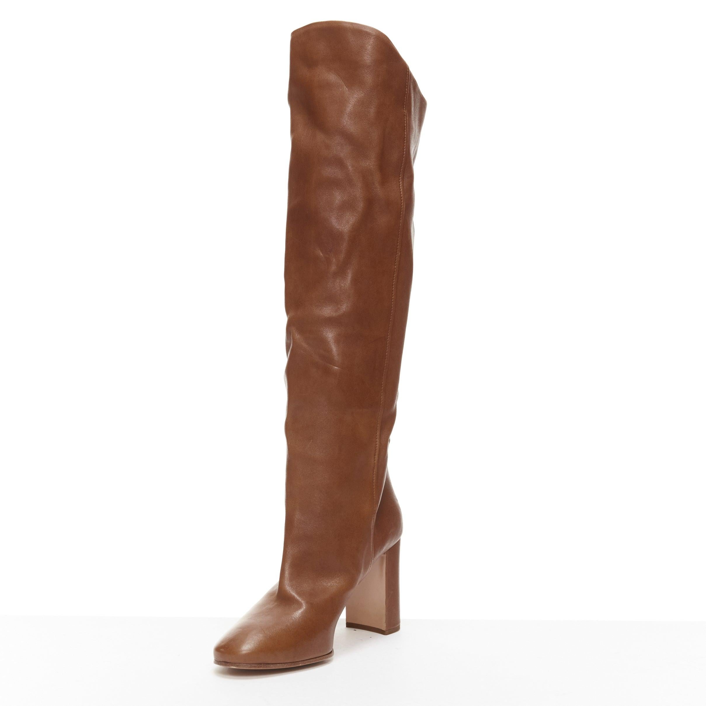 Women's PRADA brown leather high low top almond toe block heel tall boots EU38 For Sale
