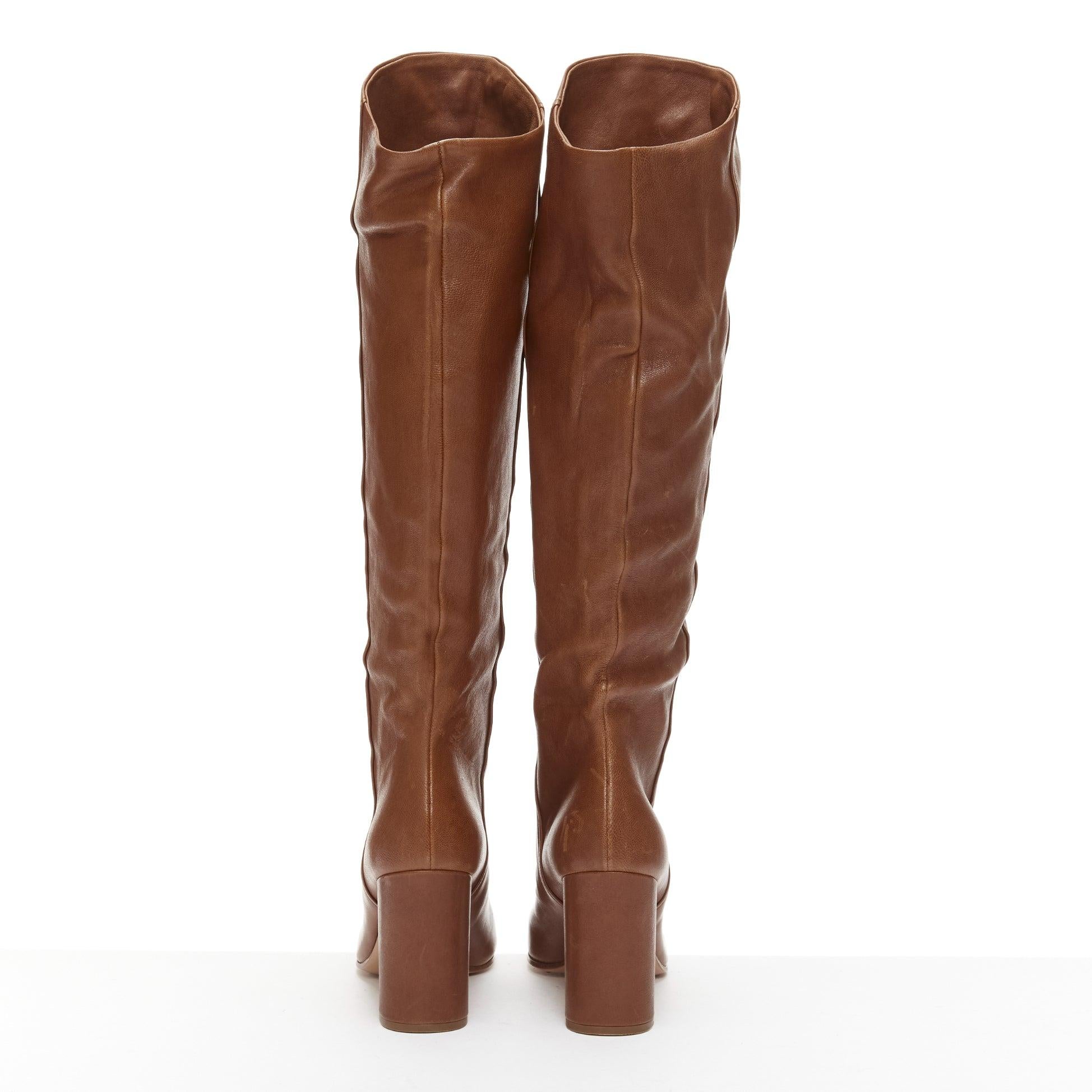 PRADA brown leather high low top almond toe block heel tall boots EU38 For Sale 1