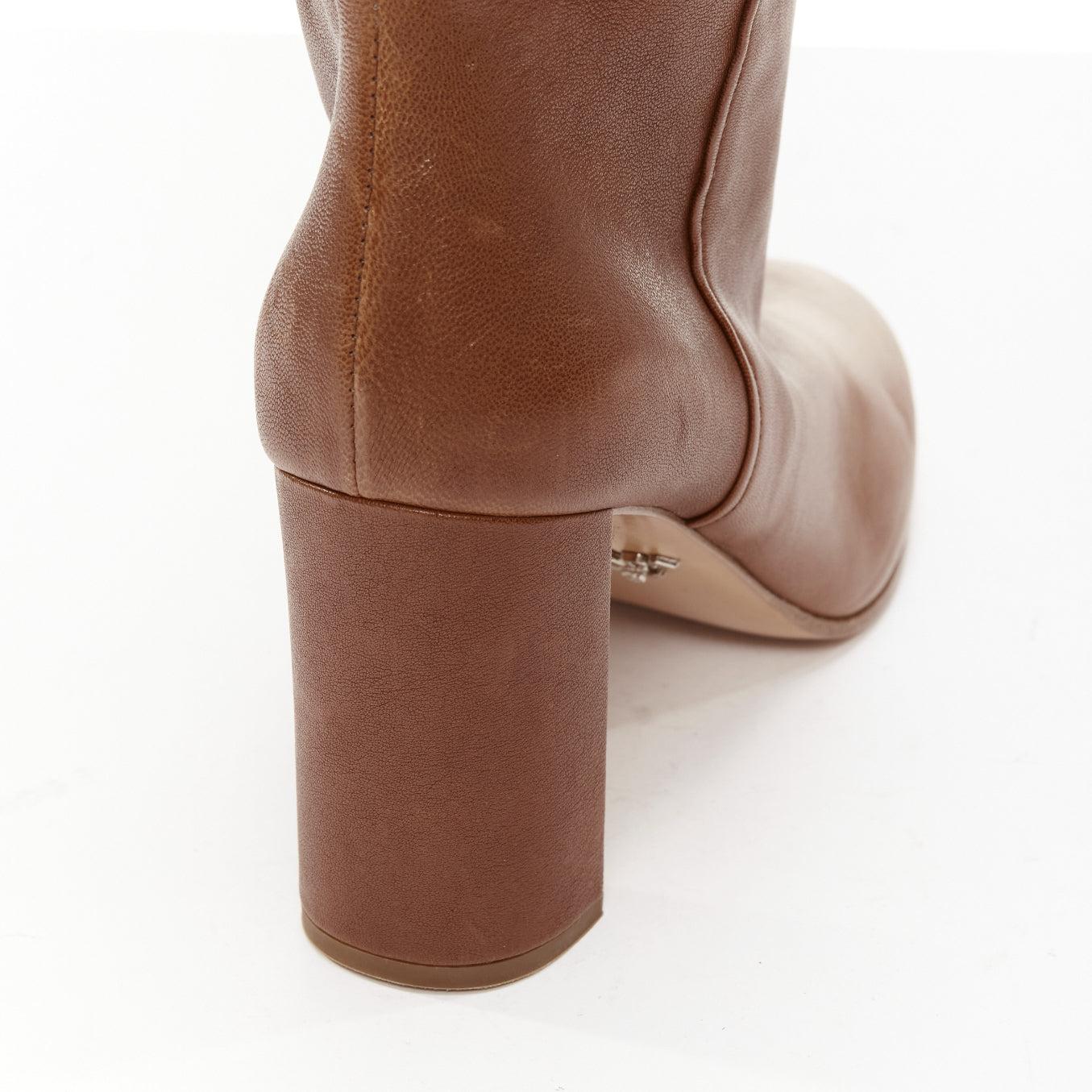 PRADA brown leather high low top almond toe block heel tall boots EU38 For Sale 4