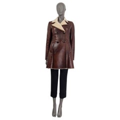 PRADA brown leather & ivory SHEARLING Peacoat Coat Jacket 42 M