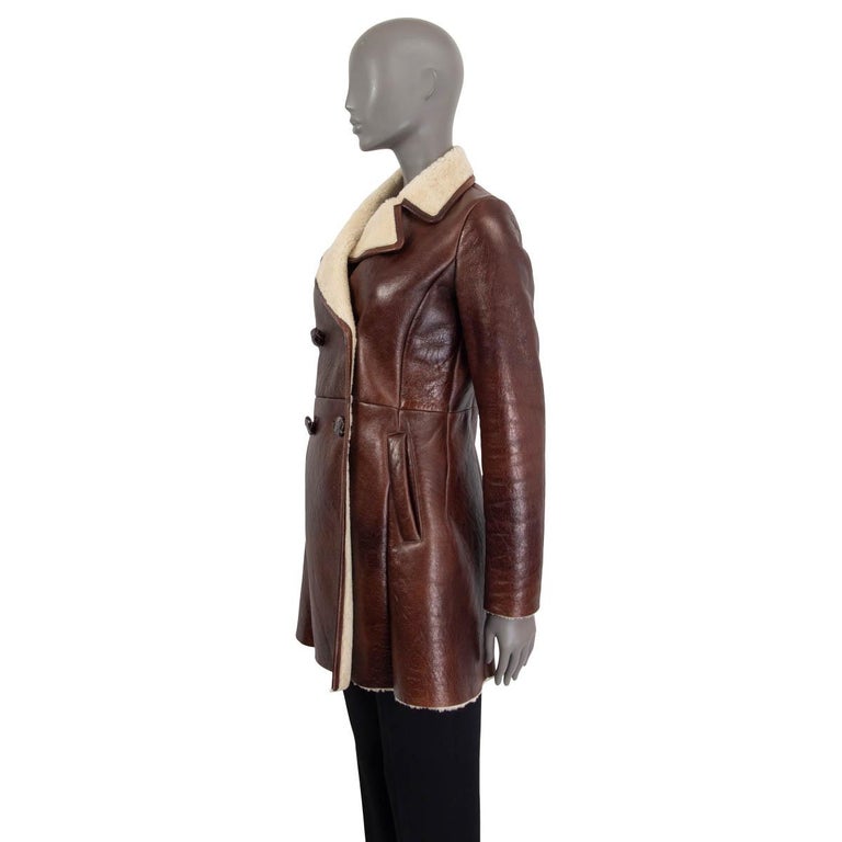 White PRADA brown leather & ivory SHEARLING Peacoat Coat Jacket 42 M For Sale