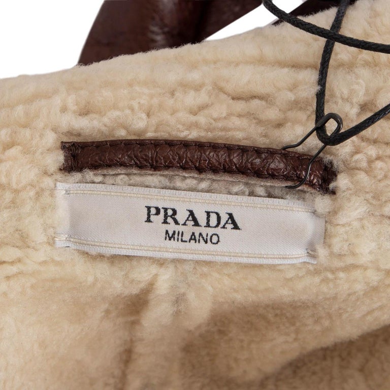 Women's PRADA brown leather & ivory SHEARLING Peacoat Coat Jacket 42 M For Sale