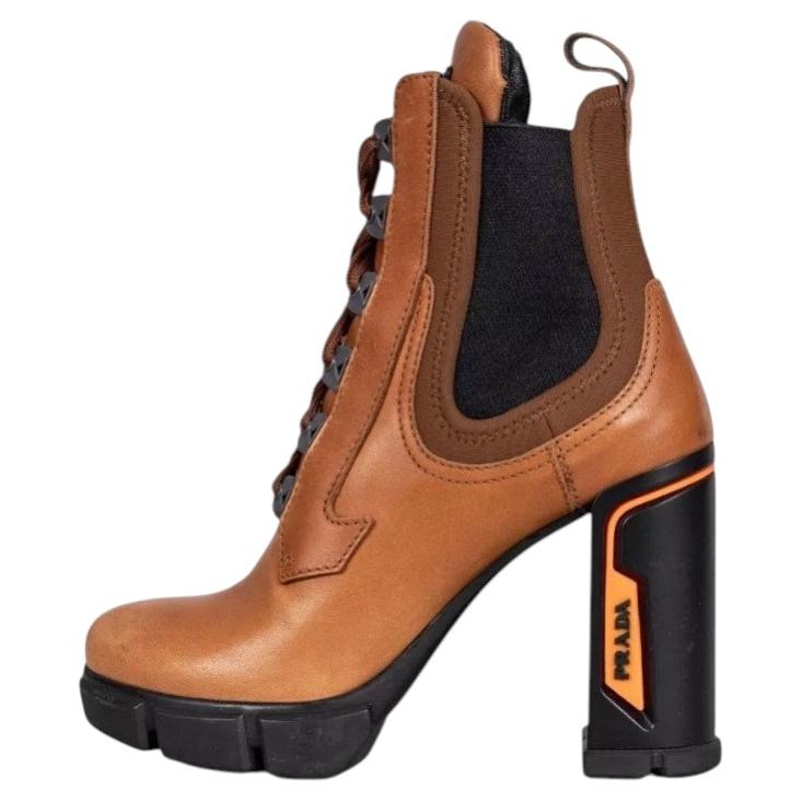 Pre-owned Prada Brown Leather Lace-up Ankle Boots Eu 37 With 11 Cm Block Heel