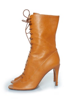 Prada, brown leather lace up peep toe boots