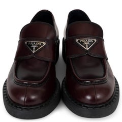 PRADA brown leather LOGO PLAQUE BRUSHED Loafers Shoes 37