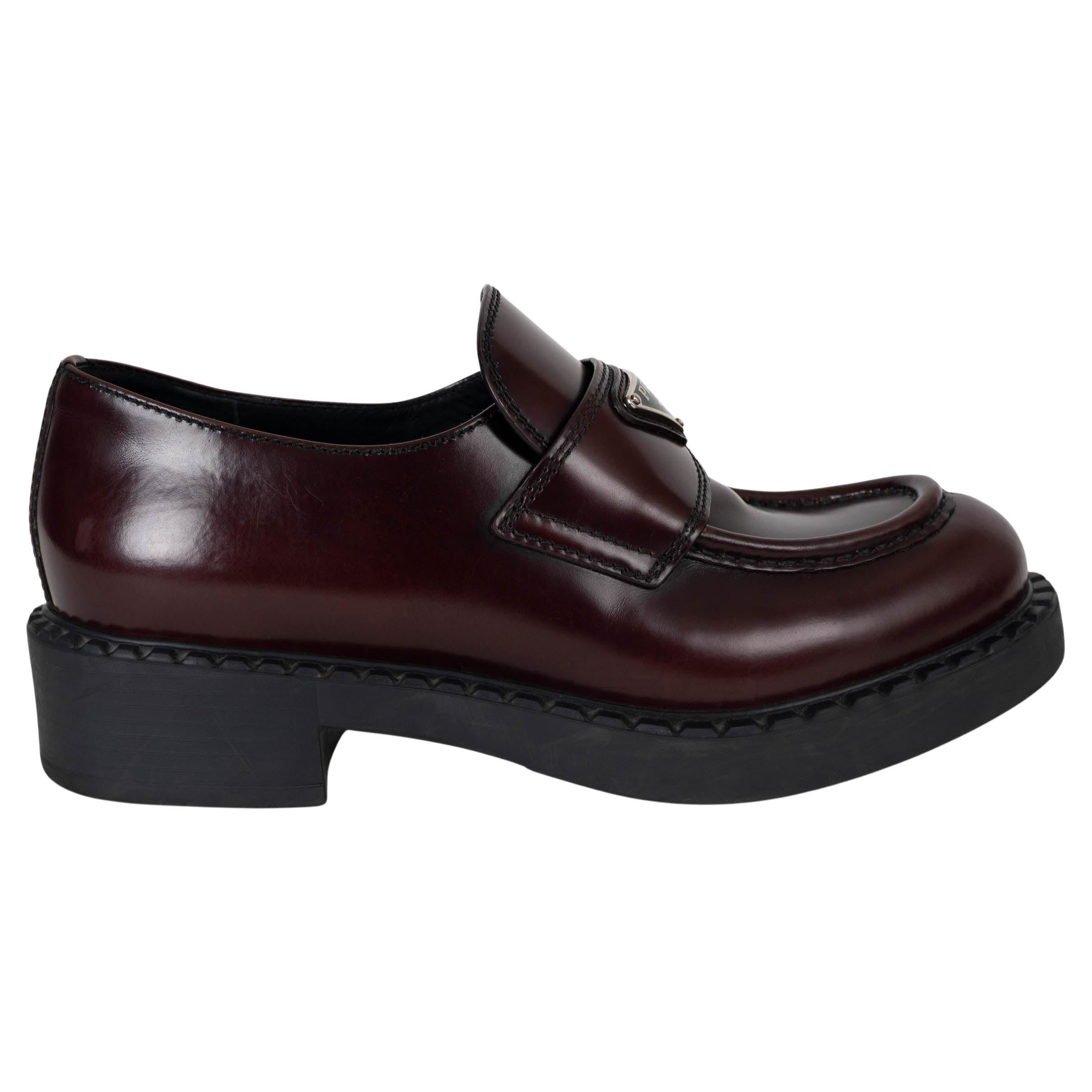 PRADA brown leather LOGO PLAQUE BRUSHED Loafers Shoes 37