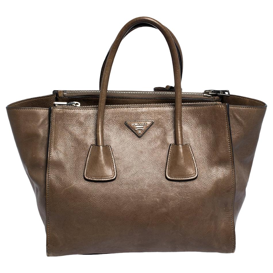 Prada Brown Leather Medium Twin Pocket Double Handle Tote