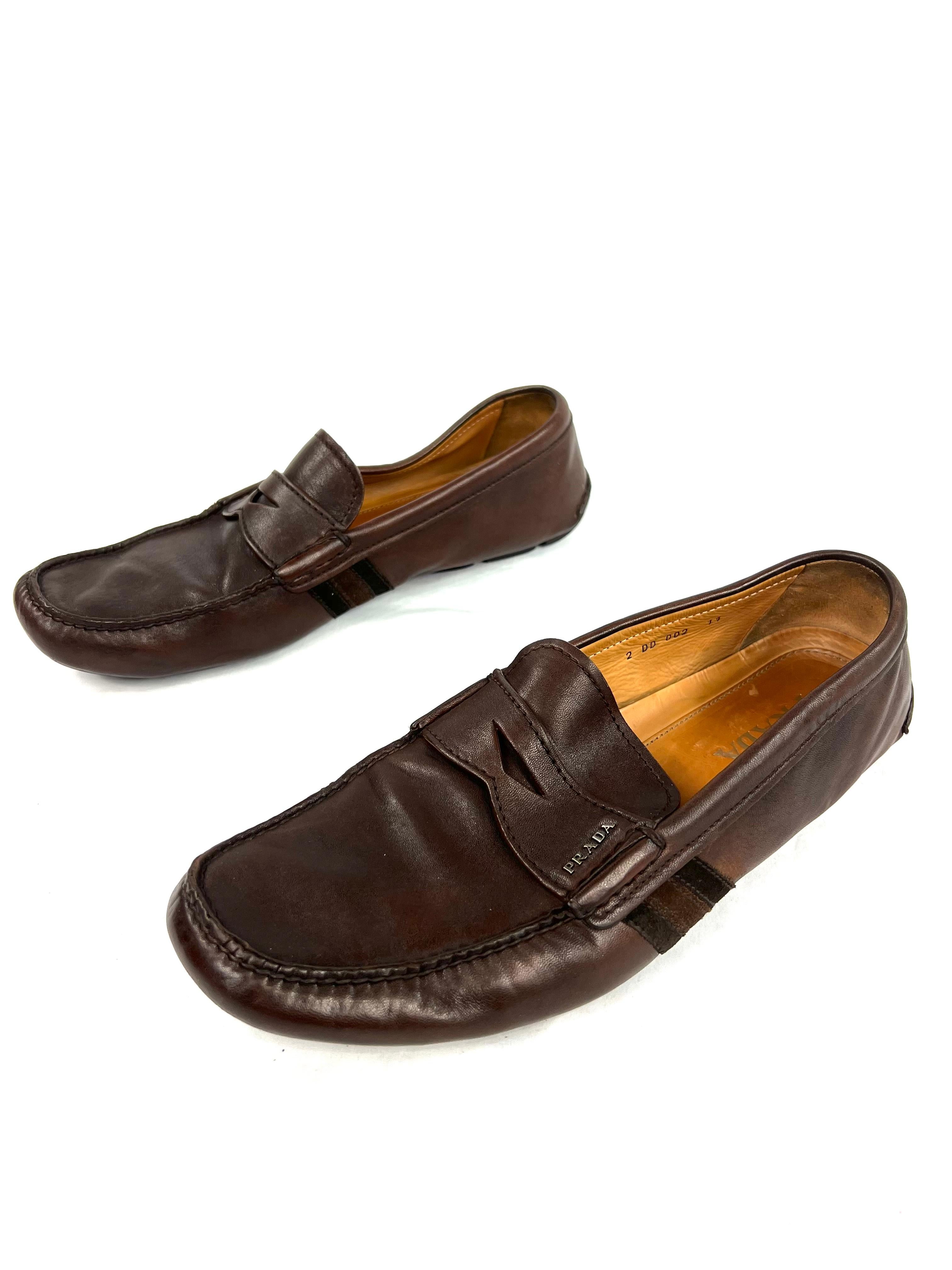 Black Prada Brown Leather Moccasins Flat Shoes, Size 11 For Sale