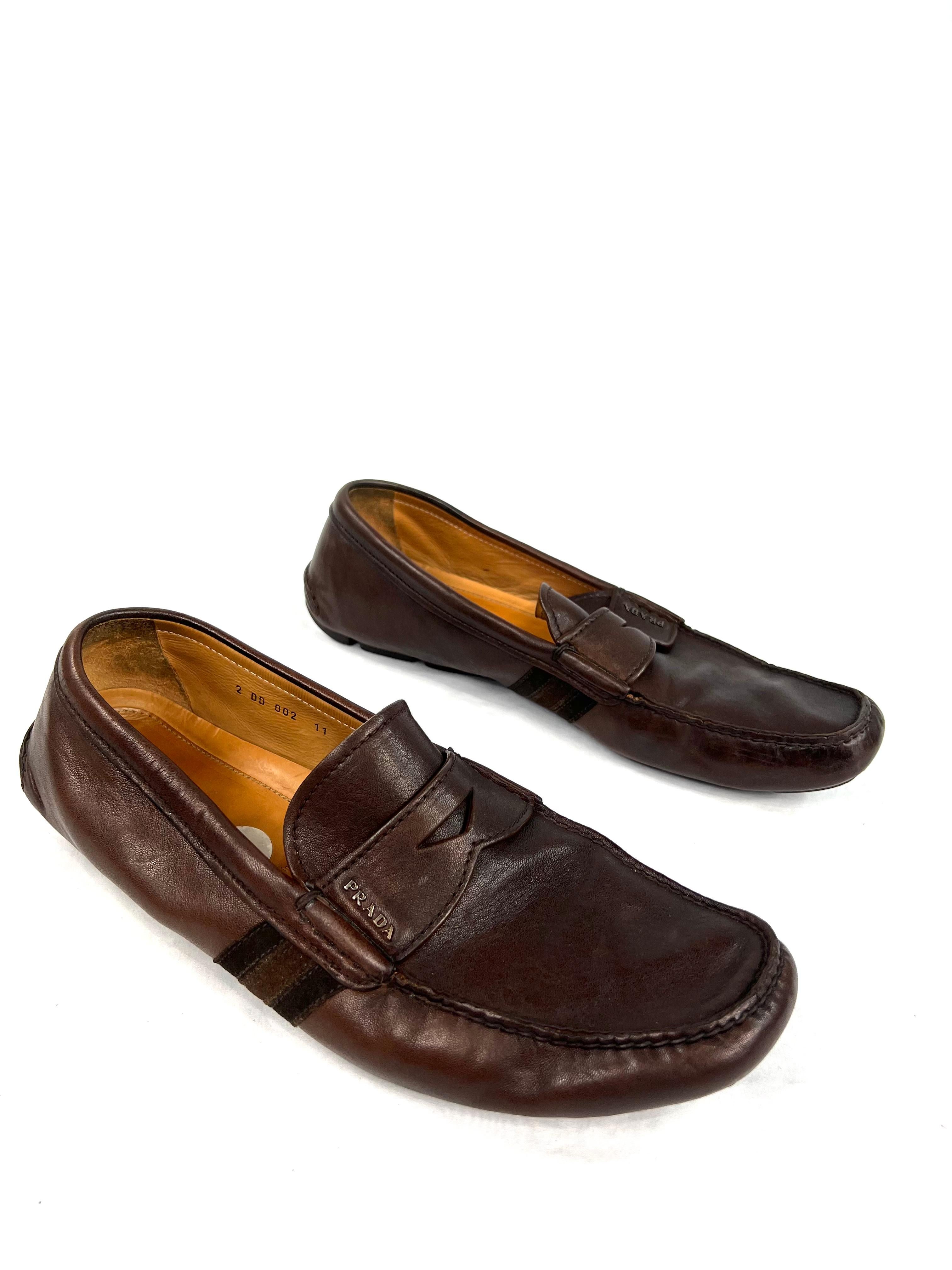 Prada Brown Leather Moccasins Flat Shoes, Size 11 In Excellent Condition For Sale In Beverly Hills, CA