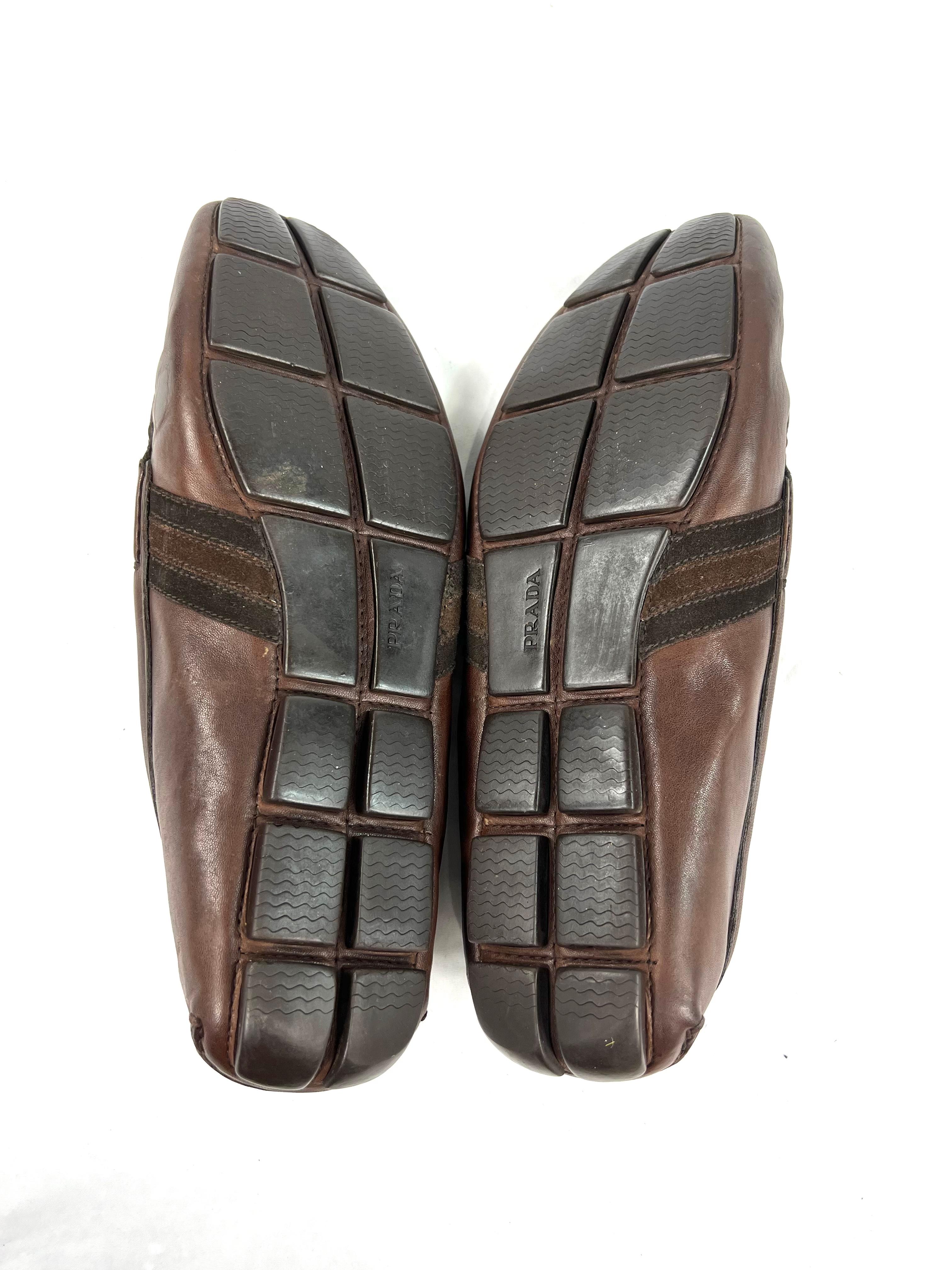 Prada Brown Leather Moccasins Flat Shoes, Size 11 For Sale 2