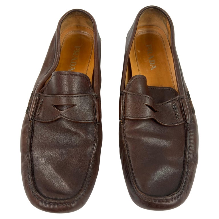 Prada Brown Leather Moccasins Flat Shoes, Size 11 For Sale  display picture 3