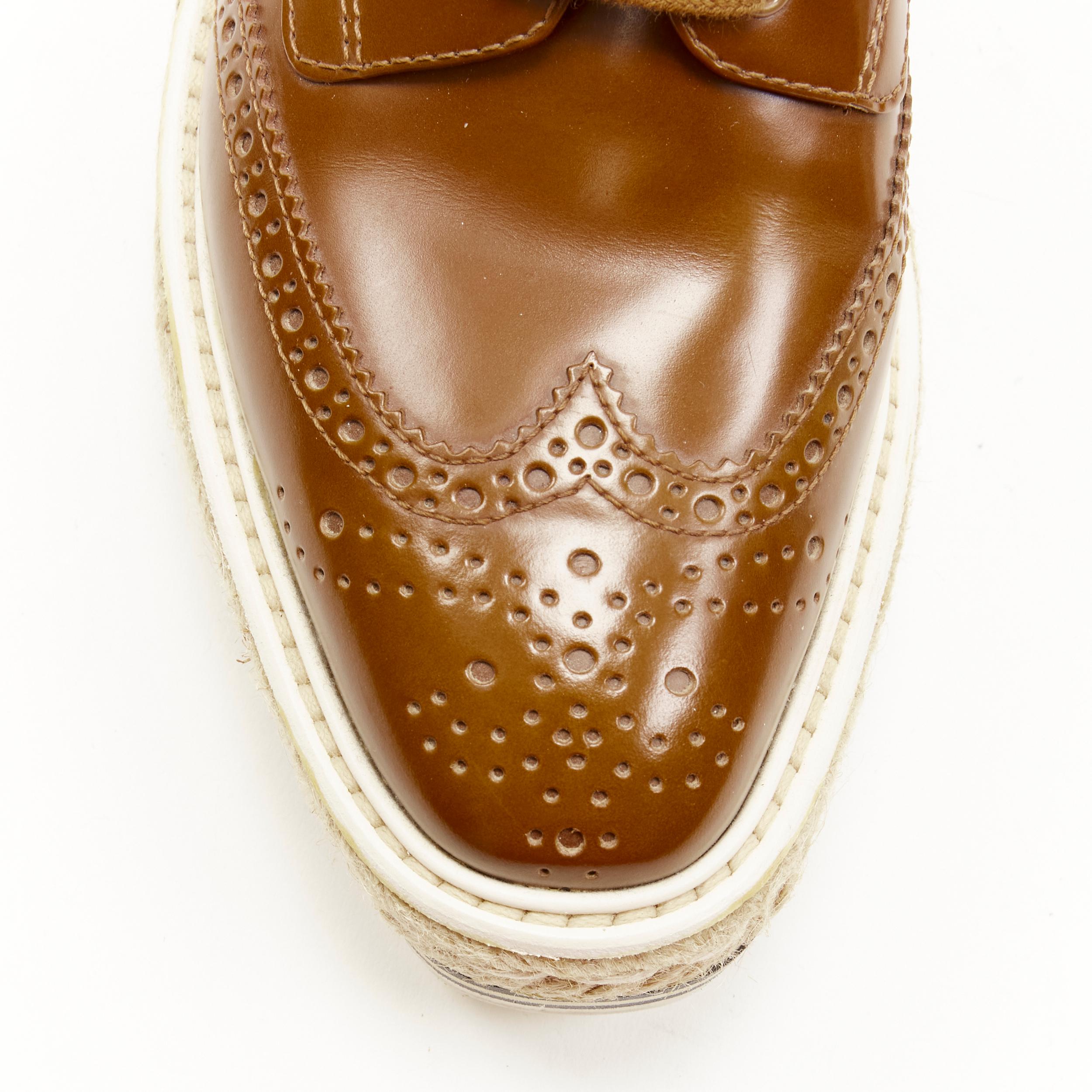Brown PRADA brown leather perforated striped espadrille jute platform brogue EU37.5