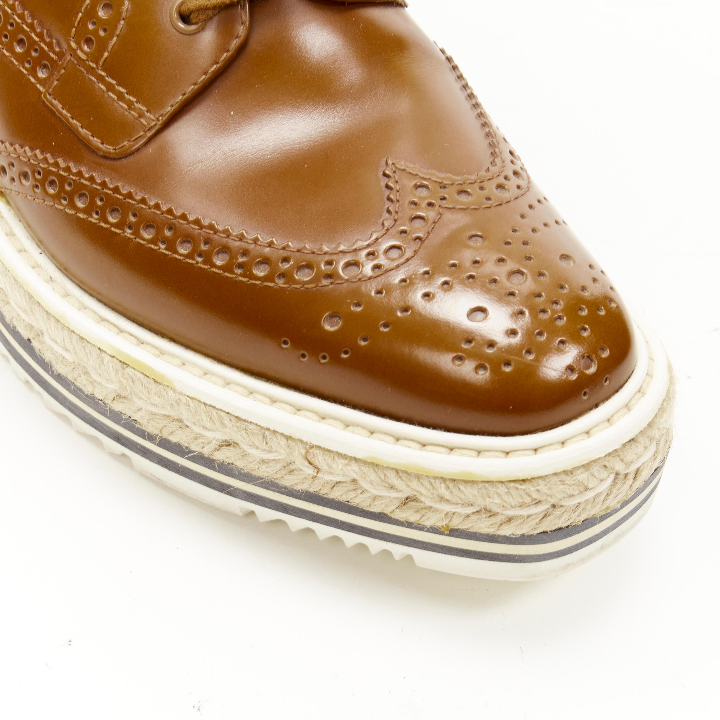 PRADA brown leather perforated striped espadrille jute platform brogue EU37.5 In Good Condition In Hong Kong, NT
