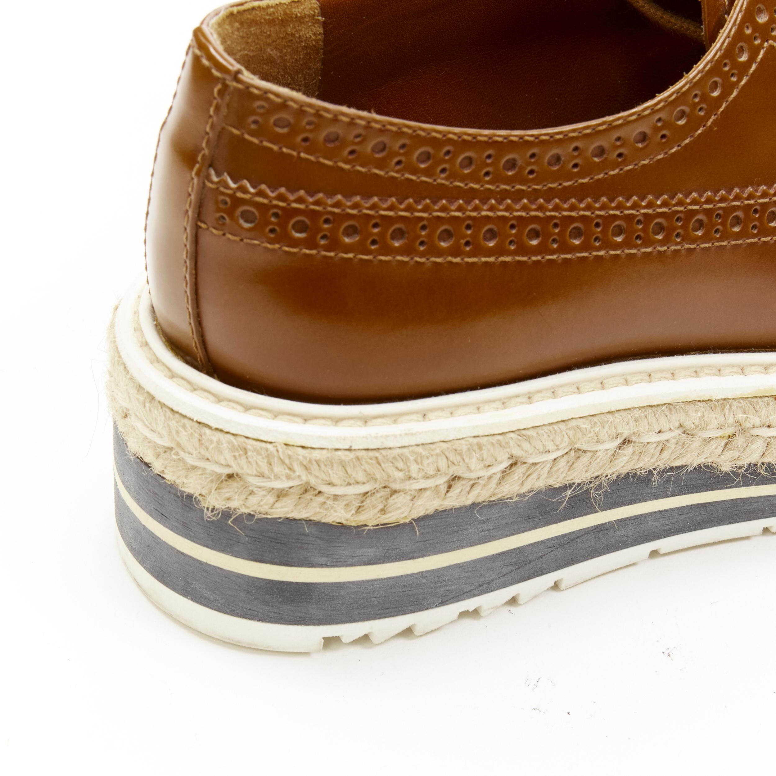 Women's PRADA brown leather perforated striped espadrille jute platform brogue EU37.5