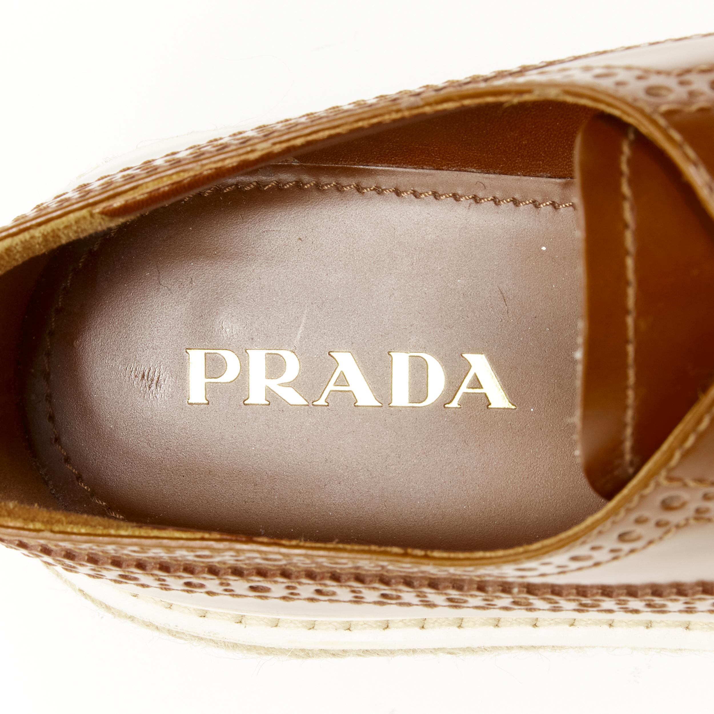 PRADA brown leather perforated striped espadrille jute platform brogue EU37.5 1
