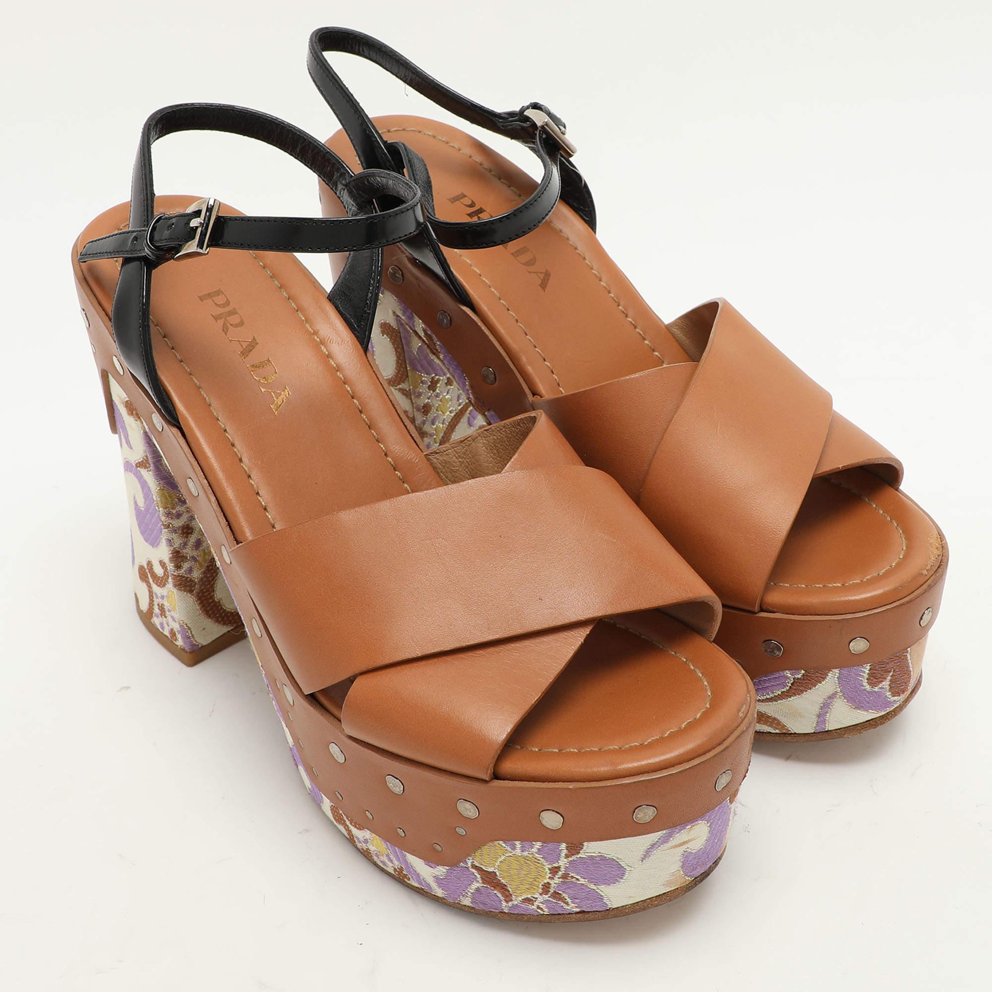 Women's Prada Brown Leather Platform Ankle Strap Sandals Size 38.5