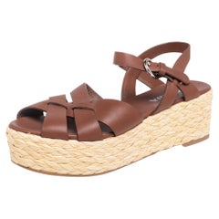 Prada Brown Leather Platform Wedge Espadrille Sandals Size 40