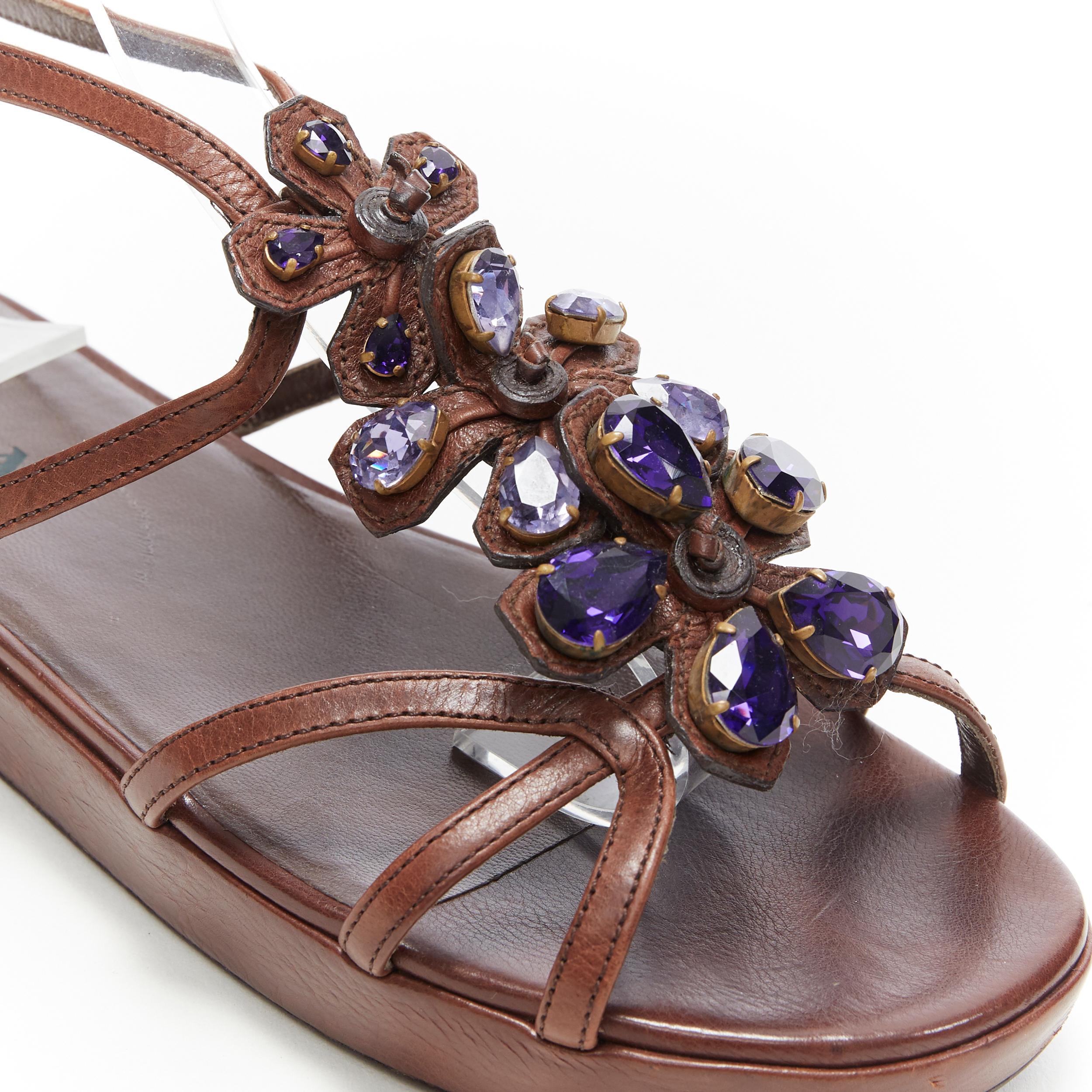 PRADA brown leather purple jewel crystal embellished flower sandals EU36.5
Brand: Prada
Designer: Miuccia Prada
Model Name / Style: Sandals
Material: Leather
Color: Brown
Pattern: Floral
Closure: Sling back
Lining material: Leather
Extra Detail: Low