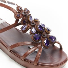 PRADA brown leather purple jewel crystal embellished flower sandals EU36.5
