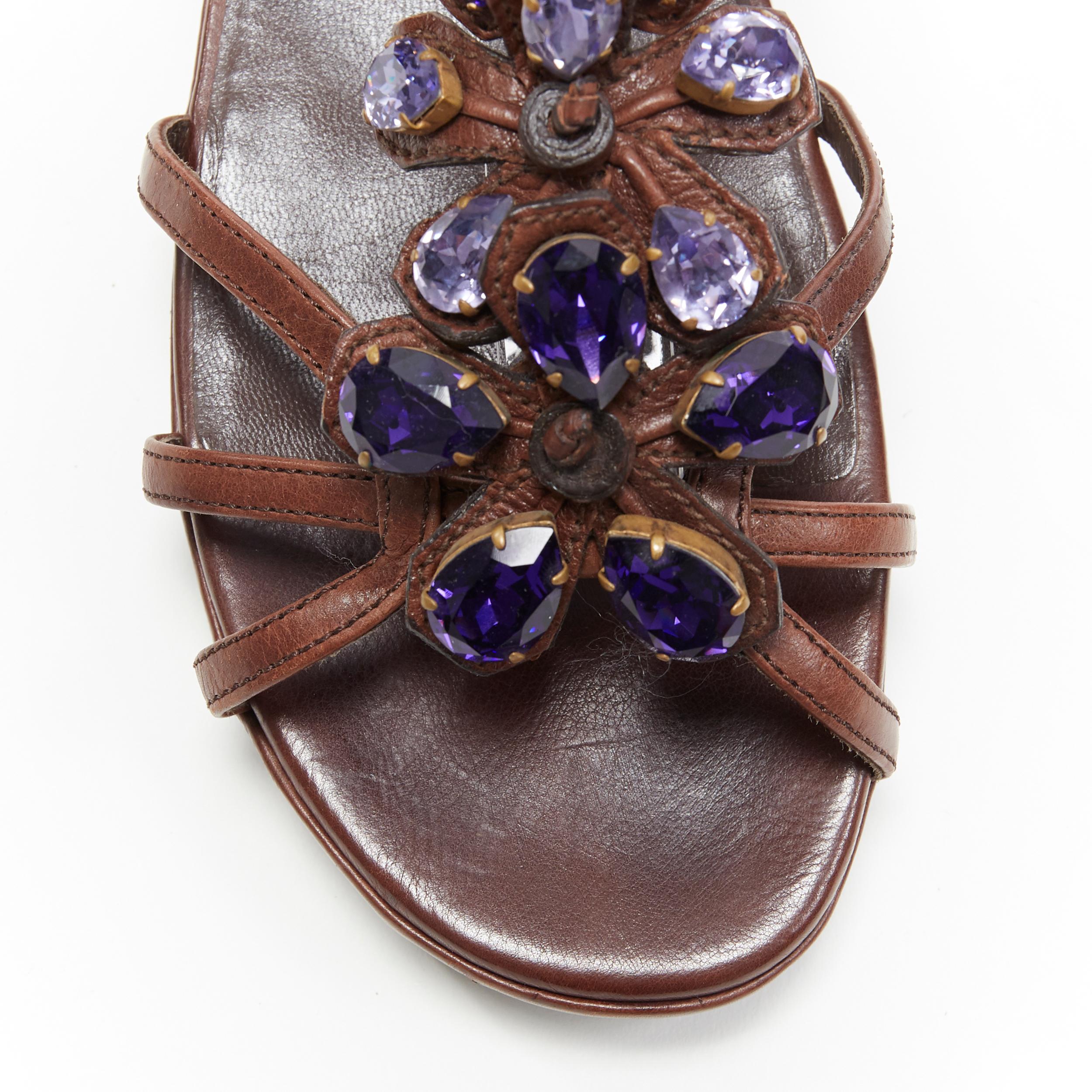 Women's PRADA brown leather purple jewel crystal embellished flower sandals EU36.5