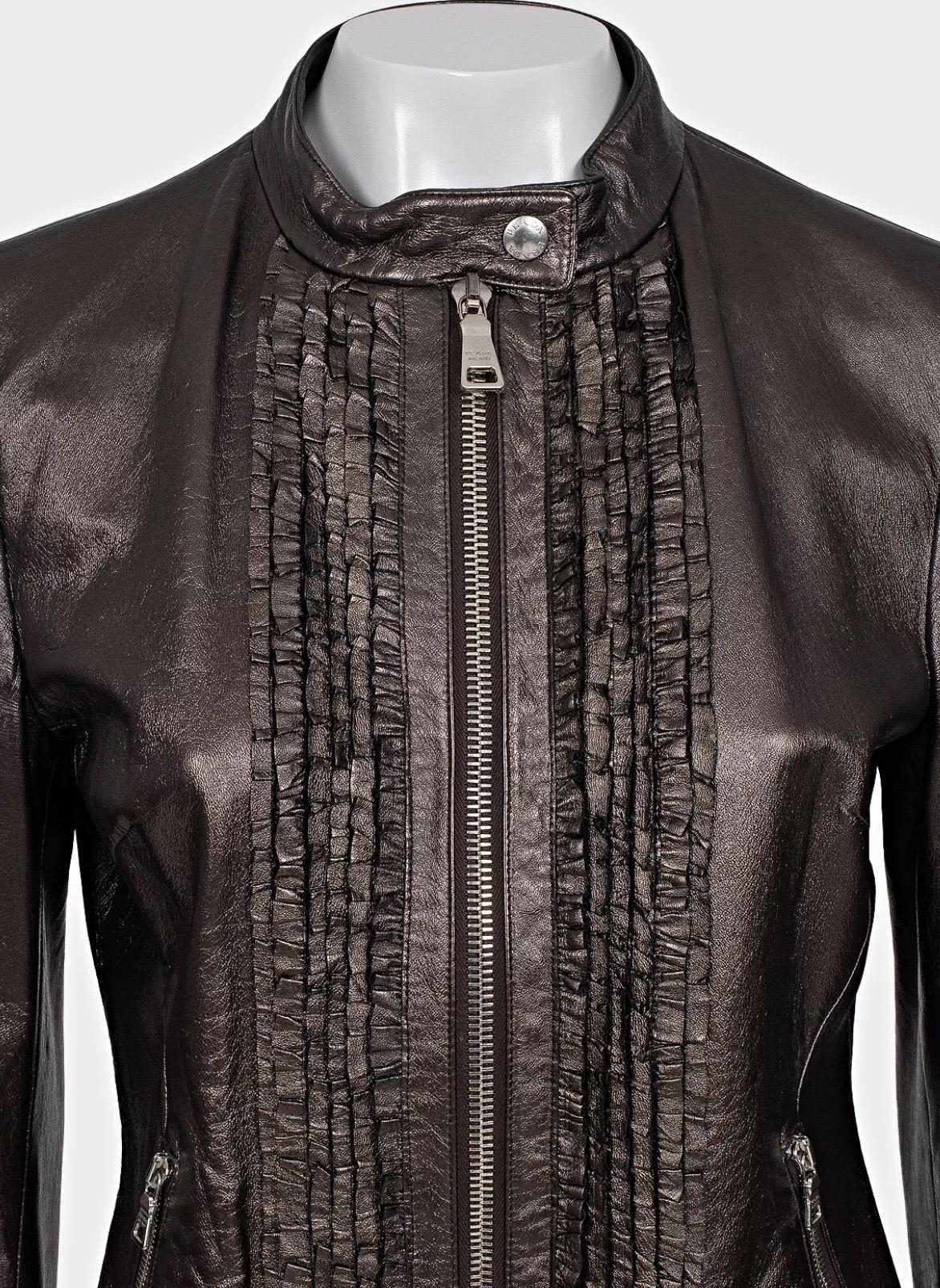Donna Giacca con volant in pelle marrone di Prada - Taglia XL (IT46) in vendita
